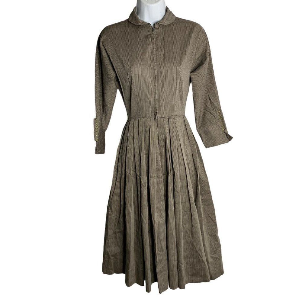 Vintage 50s Long Sleeve Swing Dress XS Grey Check Zip Front Buttons Collared